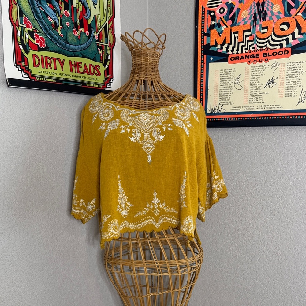 Free People Yellow Top with White Embroidery